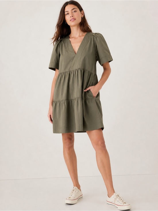 GAP Dresses & Skirts - GAP Tiered V-Neck Short Sleeve Babydoll Dress Olive Green Cotton Small